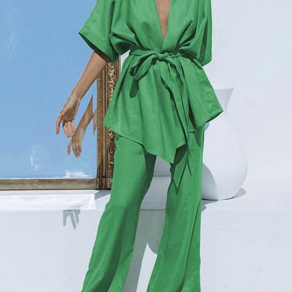 Commense Other - Oversized Linen Tied Two Piece Pants set Green